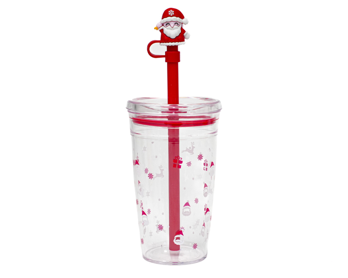 VASO DE PLÁSTICO DE 450 ML CON POPOTE DE SANTA CLAUS NOEL