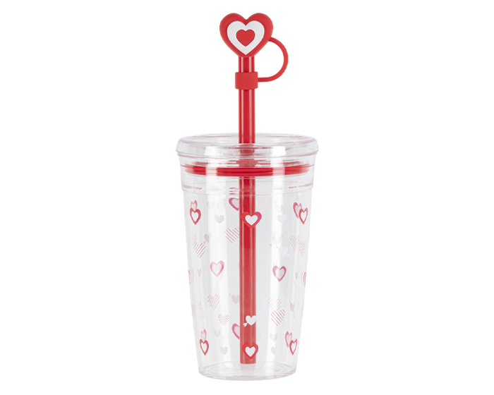 VASO DE PLÁSTICO CON POPOTE DE CORAZÓN DE 450 ML VALENTINE