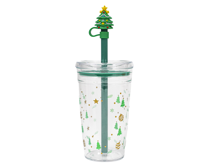 VASO DE PLÁSTICO DE 450 ML CON POPOTE DE ÁRBOL NAVIDEÑO HOLLY
